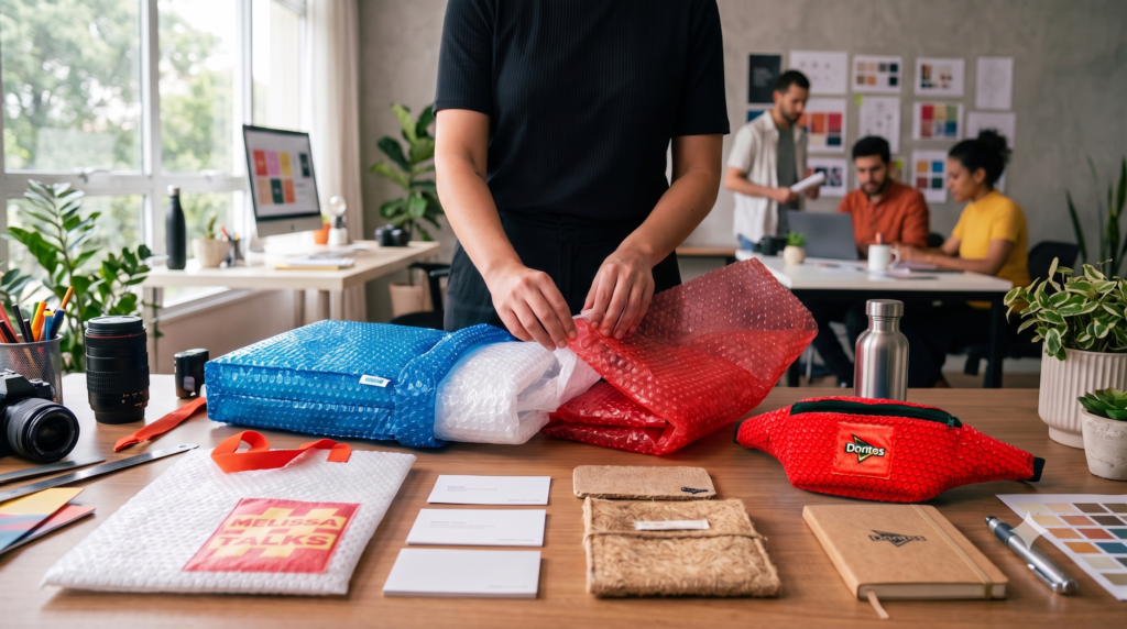 Press-kit personalizado em plástico bolha colorido sendo apresentado em uma mesa de trabalho criativa.