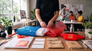 Press-kit personalizado em plástico bolha colorido sendo apresentado em uma mesa de trabalho criativa.
