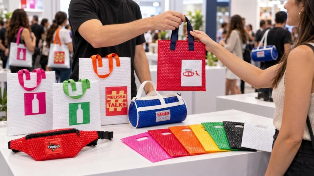 Estande de ativação de marca com peças personalizadas em plástico bolha da Booolhas: sacolas com alças coloridas, pochete, bolsa e sacolas vazadas, com uma sacola sendo entregue a uma visitante.