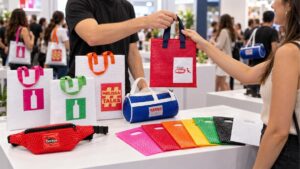 Estande de ativação de marca com peças personalizadas em plástico bolha da Booolhas: sacolas com alças coloridas, pochete, bolsa e sacolas vazadas, com uma sacola sendo entregue a uma visitante.